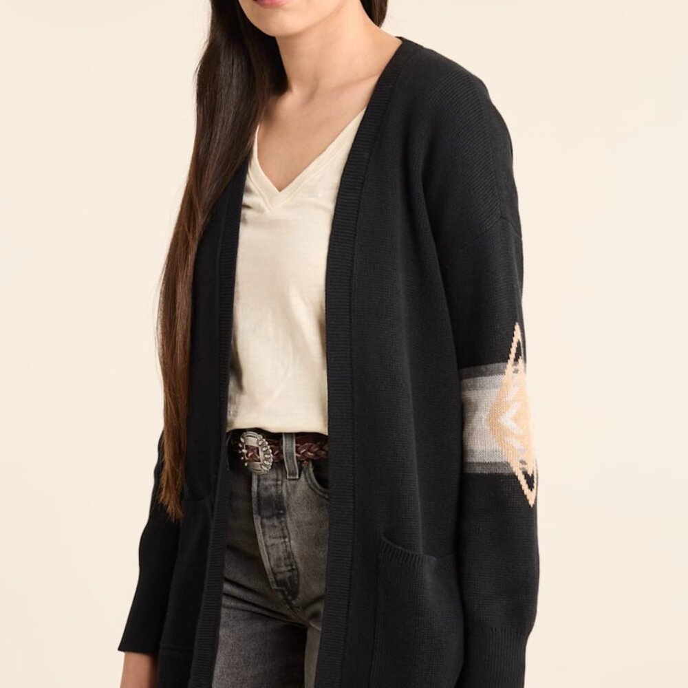 Pendleton Black Sweater Cardigan with Tan and Cream Geometric Panel - Picture 9 of 10